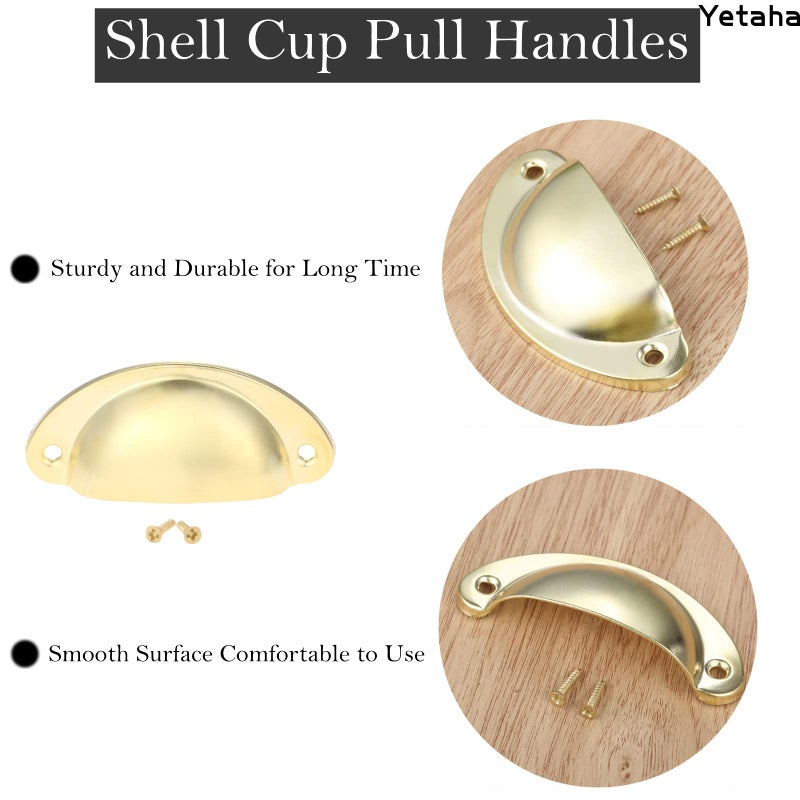 Yetaha Gold Drawer Pulls, 10PCS Bin Cup Cabinet Handles Retro Shell Shape Knobs for Dresser Cupboard Kitchen Furniture Decoration, with Screws (Gold) - Image 3